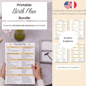 印刷可能な出産計画テンプレート（PDF、帝王切開オプション、1ページまたは2ページ、ビジュアル、病院、ドゥーラ、自然出産用）