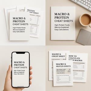May include: A collection of white Macro & Protein Cheat Sheets. The sheets include the text "High-Protein Foods Macros Explained Easy Calculations". One image shows the sheets next to a cup of coffee and a keyboard.