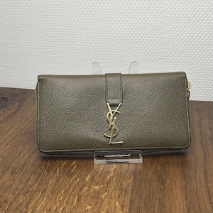 Yves Saint Laurent Long Wallet Cassandra YSL Gold Logo Dark Green Leather