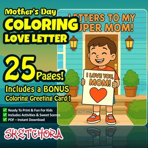 Carta de amor para colorir do filho para o Dia das Mães – 25 páginas para imprimir + cartão bônus, presente divertido para a mãe, download instantâneo em PDF