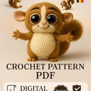 Pode incluir: Um padrão de crochê em PDF com um lêmure de desenho animado fofo com olhos grandes e uma cauda fofa. A imagem inclui o texto "INCLUDED BUY NOW" e "CROCHET PATTERN PDF". Também diz "DOWNLOAD DIGITAL" e "Vendedor Confiável".