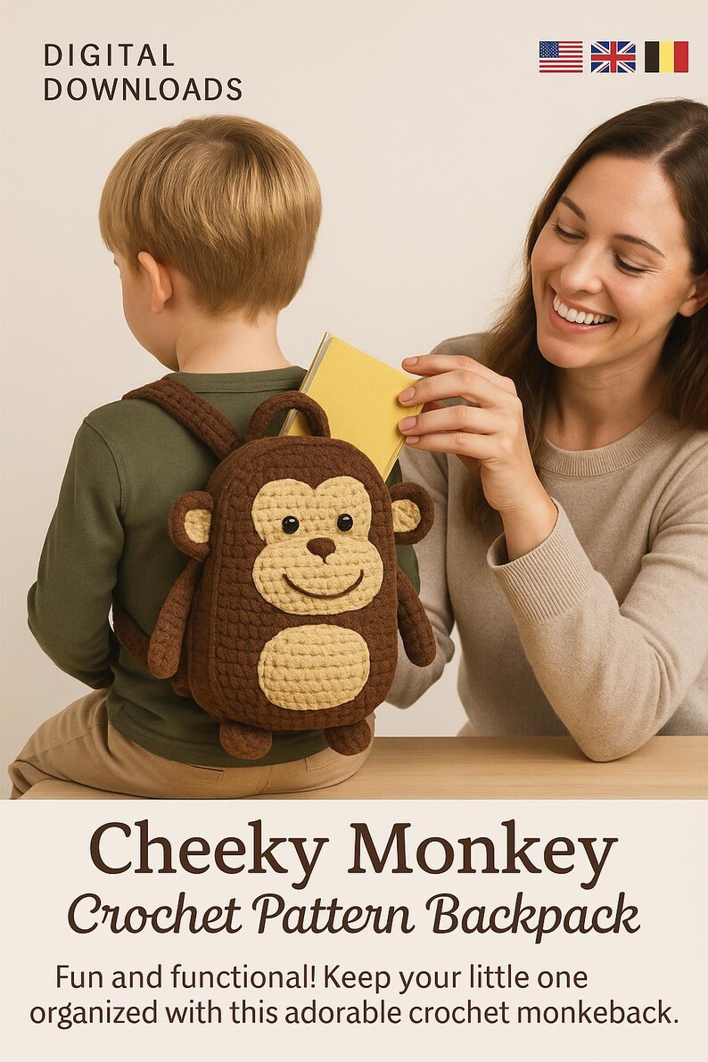 Cheeky Monkey Crochet Backpack Pattern PDF – Cute Animal Kids Bag DIY ...