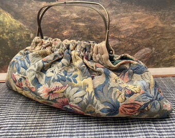 Vintage Tapestry Handbag with Brass Handles