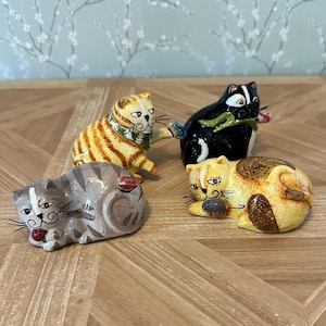 Vintage Cat Figurines w/Metal Whiskers Set of 4 Cute Kitty Cat Ceramic Cats Small Cat Figurines w/Butterfly Mouse Possibly porcelain cats