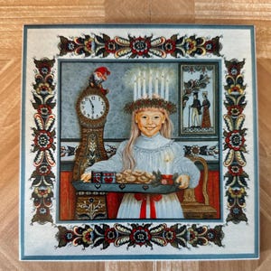 Vintage Sankta Lucia Ceramic Art Tile: Swedish Christmas Decor