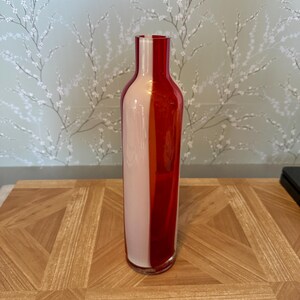 Hand Blown Murano Vase: Red and White Italian Mid-Century Art Glass