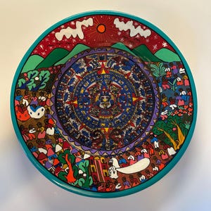 Mexican Folk Art Aztec Calendar Wedding Scene Plate Clay Pottery Vintage