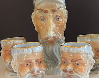 Spanish Porcelain Don Quixote & Sancho Panza Character Pitcher and 4 Mugs / 14" Don Quixote Don Quijote Character Pitcher and Sancho Mugs