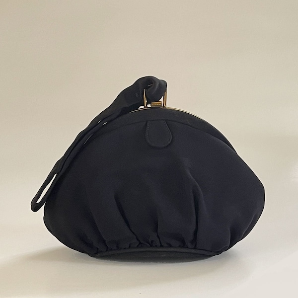 Vintage Black Silk Evening Bag with Wristlet Goldtone Frame c.1940s 50s / Black Evening Bag / Dancing Bag Purse