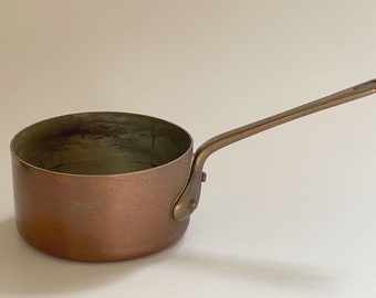 Vintage French Copper Butter Pan Pot With Brass Handle / SMALL Sauce Pan Made in France / Riveted Copper Handle