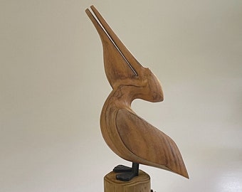 Carved Wood Pelican on Stump / Vintage Hand-carved Wood Bird Pelican / Nautical Seabird Coastal Design