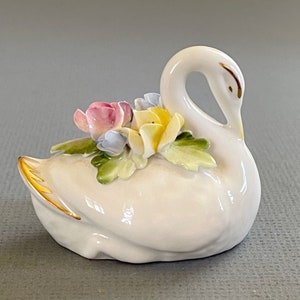 Royal Adderley Swan Figurine w Spring Floral Posies  / Small  Royal Adderley Swan Fine Bone China Hand-painted Spring Florals