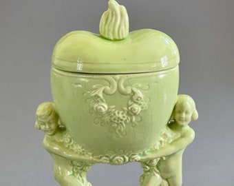 German Dresser Figural Lovers Jar / Green Porcelain Heart Vanity Lidded Candy Dish / Vanity Storage Box / Old German Covered Candy Dish