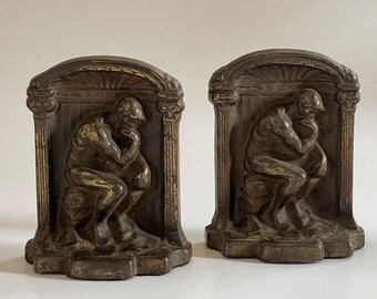 Antique Pair Rodin The Thinker Hubley Bronzed Iron Bookends / The Thinker Musée Rodin Bookends / Library Book Shelf Decor