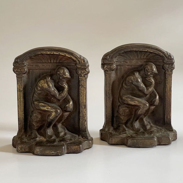 Antique Pair Rodin The Thinker Hubley Bronzed Iron Bookends / The Thinker Musée Rodin Bookends / Library Book Shelf Decor