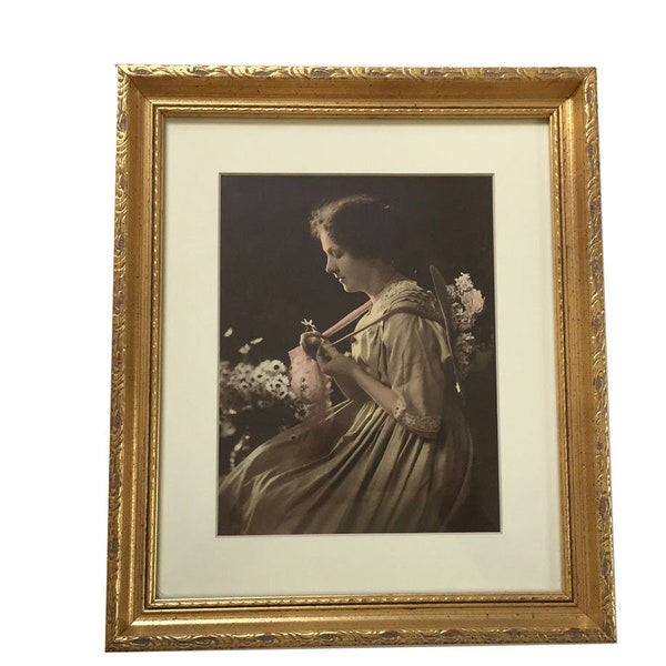 Vintage Framed Tinted Photograph Print Woman with Bonnet