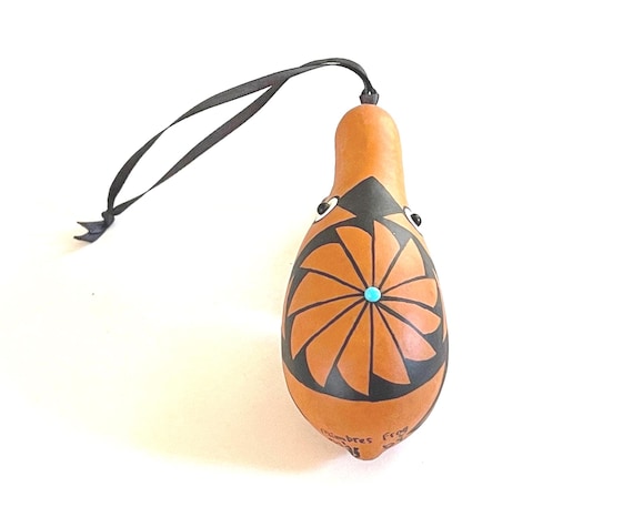 Native American Zuni Painted Mimbres Frog Gourd with Turquoise by Ron Rivera / 1985 Southwestern