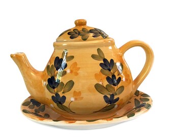 California Pantry Yellow Teapot and Underplate Hand painted Vines and Floral Narrow Teapot