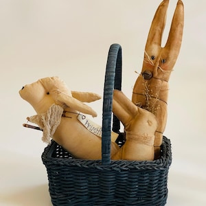 3 Primitive Bunny Rabbit Dolls in Basket - Primitive Style Rabbits - Primitive Bunny Rabbits- Primitive Easter Bunny Primitive Spring Decor