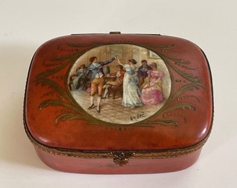 Antique French FBS Trinket Box / France Hand Painted FBS Signed Andre Courting Dance Scene