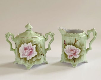 Lefton Heritage Green Creamer Sugar Bowl & Lid SET / Early Lefton Pattern 511 Roses