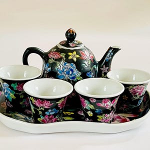 Vintage Jingdezhen TEA SET Hand 6-piece Chinese Tea Set / Famille Noire Chinese Porcelain