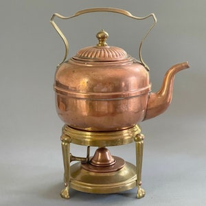 Copper Tea Pot Kettle on Brass Warmer Stand with Heating Burner Rochester Stamping Company
