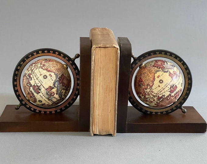 Vintage World Globe Bookends That Spin / Pair Rotating Old World Globes
