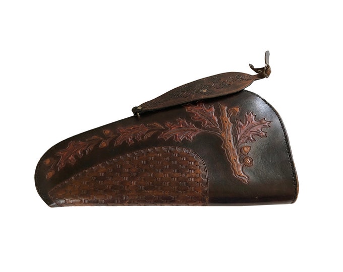 Handtooled Leather Pistol Gun Case Fleece Lined / Oak Acorn Handtooled