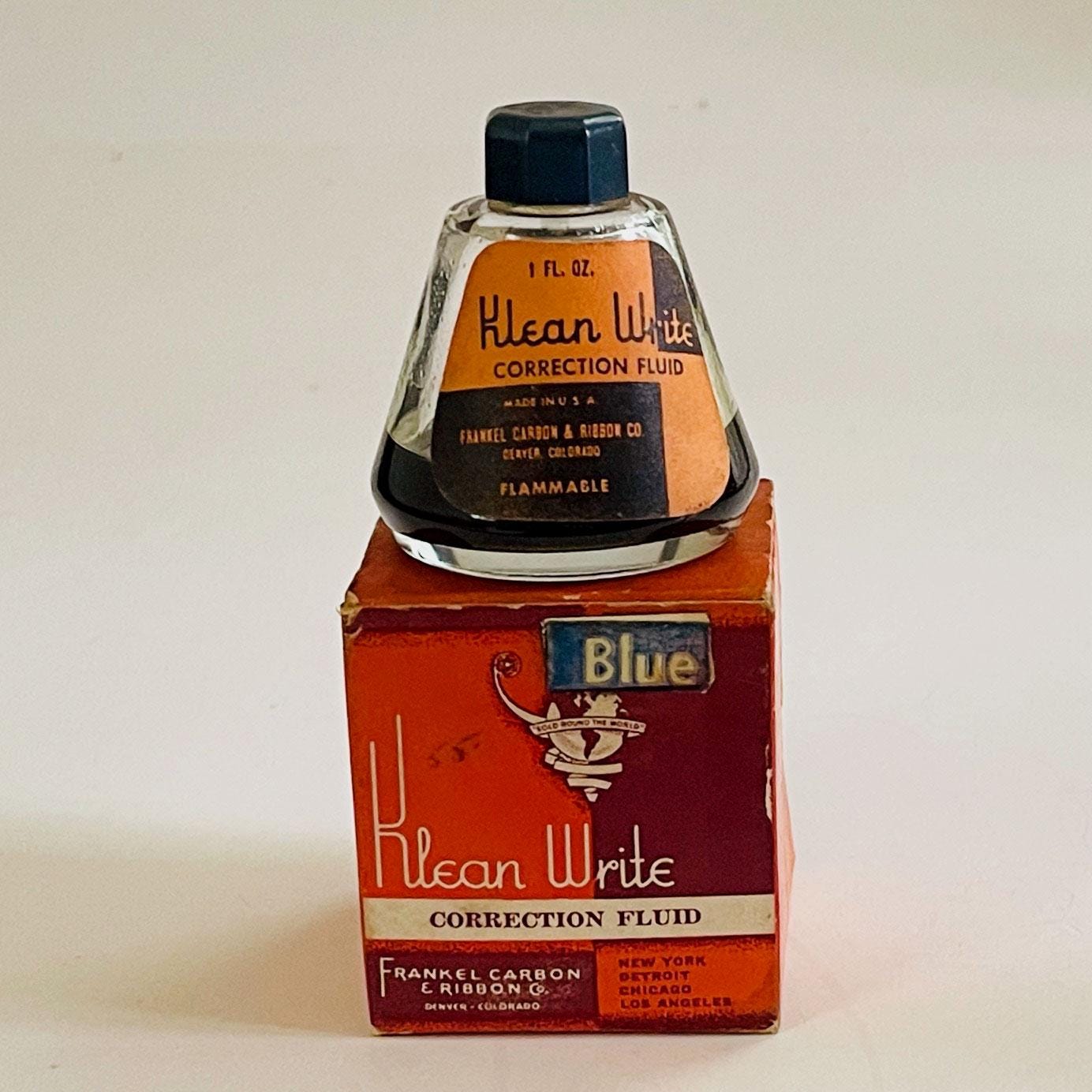 Vintage Klean Write Ink Correction Fluid Bottle With Box / Frankel ...