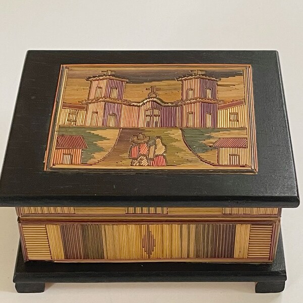 Mexican POPOTILLO Inlaid Straw Mosaic Box  Art Handmade Wood Trinket Jewelry Box Aztec Culture Mexico