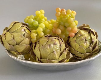 Faux Artichokes and Grapes in Pewter Fleur de Lis Oval Dish / Artificial Artichokes and Grapes / Vintage Pewter Dish