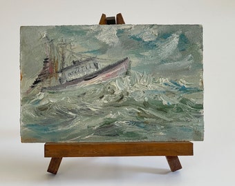 Small Original Painting on Board with Wood Tripod Easel / Fishing Boat Painting Coastal Design