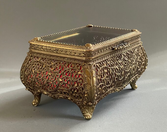 Beveled Glass Bronze Ormalu Jewelry Casket Box / Vintage Large Jewelry