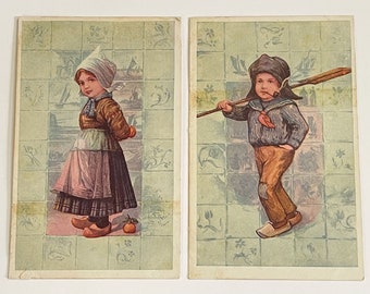 Carte postale Ephemera Dutch Girl and Dutch Boy Cartes postales sur fond de carreaux de Delf bleus / Cartes postales vierges