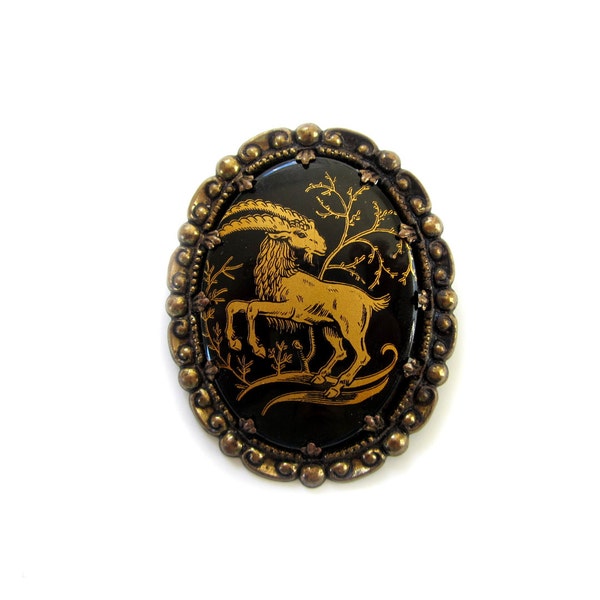 Vintage Porcelain Brooch Gold Painted Bezoar Goat Capricorn Western Germany Limoges Style