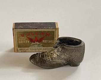 Antique Brass Match Striker Shoe Boot and Vulcan Match Box / Tobacciana Collectible