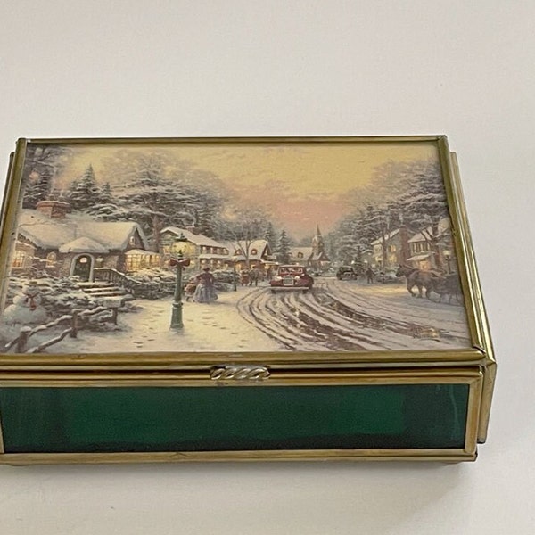 Vintage Enesco Thomas Kinkade Art Trinket Box Underlay Mirrored Brass Framed Home or Vanity Decor