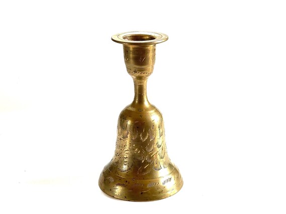 Solid Brass Bell Candleholder Etched Bohemian Single Tapered Candle Holder and Hand Bell