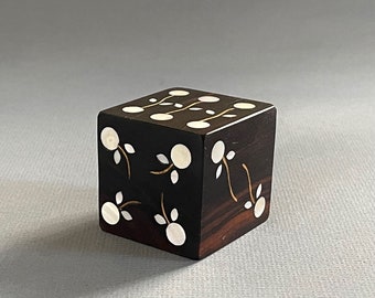 Solid Exotic Wood Die Dice with Inlaid Mother-of-Pearl / Large Inlaid MOP Paperweight / Unique  Rare  OOAK