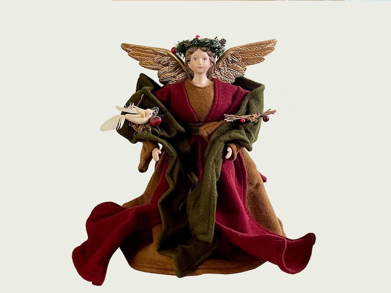 Angel Tree Topper with Dove Green Red Gold or Christmas Table Ornament 12" Tall / Vintage Angel Tree Topper Elegant Holiday Decorations image 2