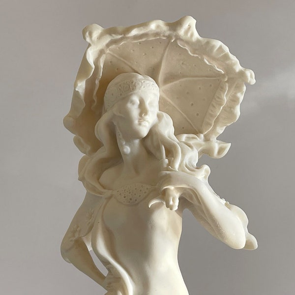 Giuseppe Armani Statue Lady With Umbrella 0949 F Figurine Alabaster and Marble Pedestal Statue Italian Sculpture