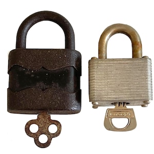 May include: Two vintage padlocks. One is dark brown with a key, the other is silver with a key inserted. The keys are made of metal. The padlocks are on a white background.
