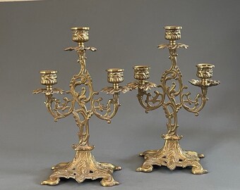 PAIR Brass Ornate Candelabra French Style | Vintage  Gold Candle Holder 3 Arm Solid Brass Rococo  Style