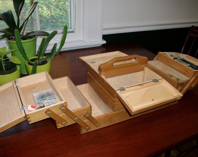 Vintage Cantilevered Wooden Sewing Box Made in Romania With Sewing Supplies Etsy
