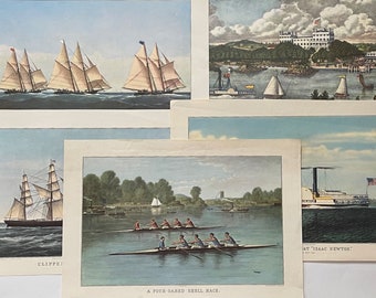 5 Yacht Race Clipper Ship Steamboat Shell  Race Lithographic Prints 19th Century Art Prints - Group B - Currier and Ives Lithograph