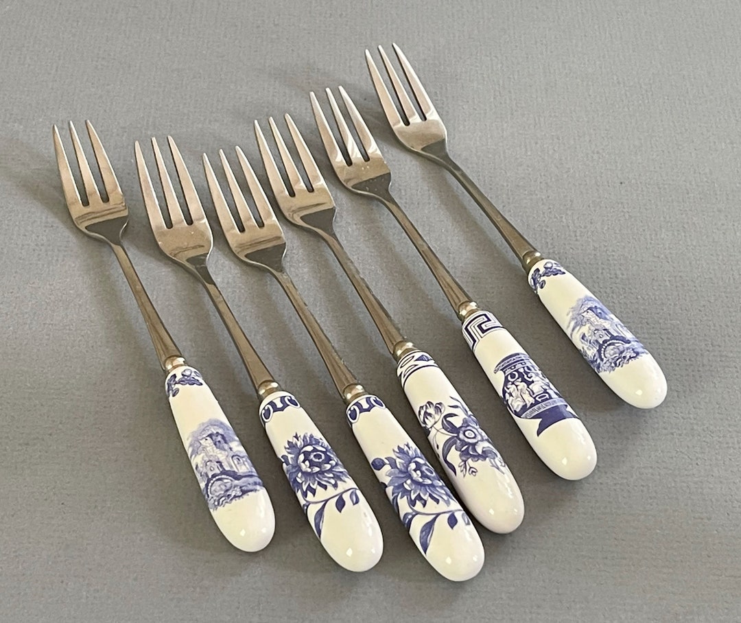 Spode Pastry Forks 6 Stainless Steel Forks W Porcelain Blue Italian