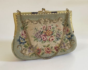 Petit Point Needlepoint Vintage Handbag Purse Pocketbook, Grosgrain Lined, Chain Handle, Vintage 1940's Era Fashion Accessory