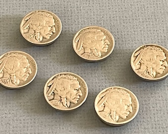 6 Indian Head Nickel Button Covers / Coin Collector Buttons / Numismatist Collectors / Genuine US Five Cent Nickel Coins