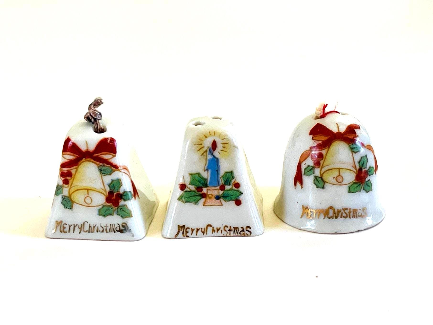 3 White Kitsch Bell Christmas Ornaments 1950 Ardalt MCM Miniature